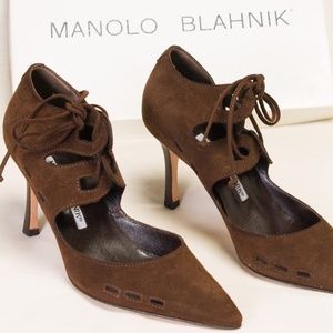 Manolo Blahnik EXCL Neiman Marcus Suede Cage Pump, Brown, Size 5 (EU 35.5)Manolo